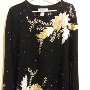 Black with Gold Satiny poinsettia leaves w/beading